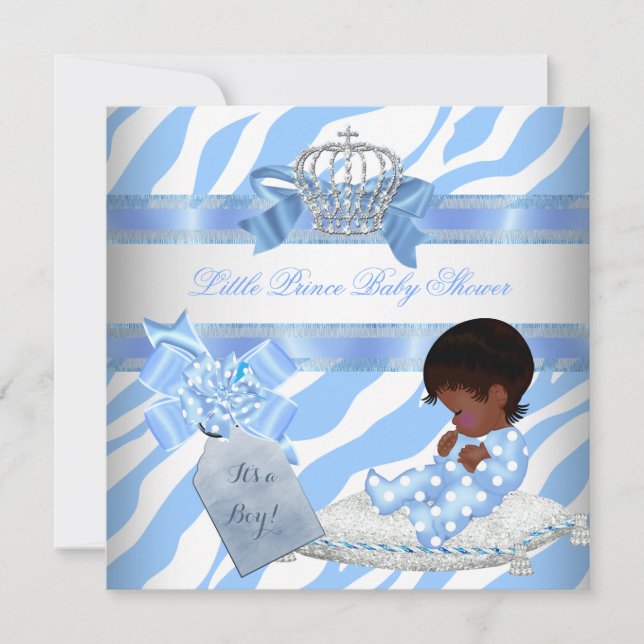 Convite Chuva de Bebê Elegante Menino Azul Zebra Príncipe  (Frente)