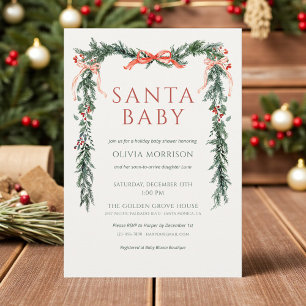 Convite Chuva de Bebê Elegante Natal Santa Baby Laço Verme