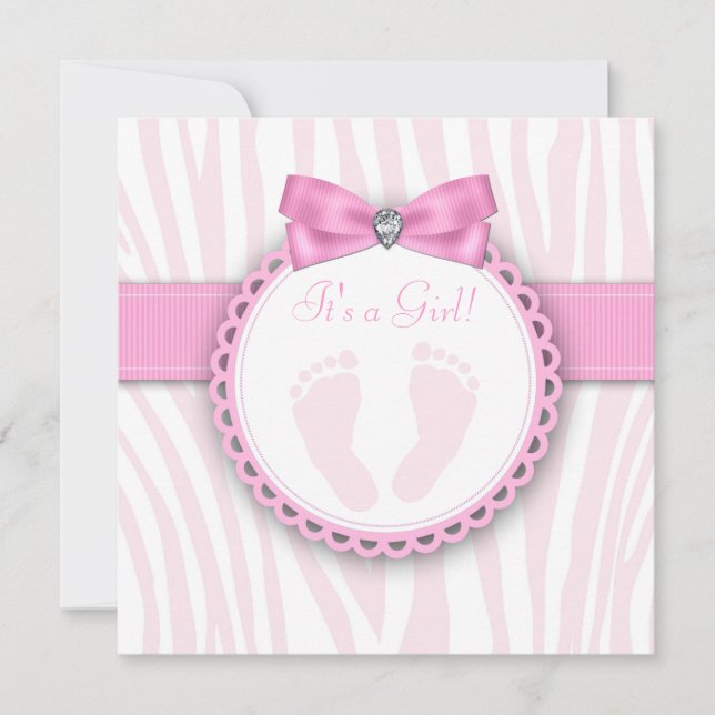 Convite Chuva de Bebê Elegante Pegada Rosa Zebra (Frente)
