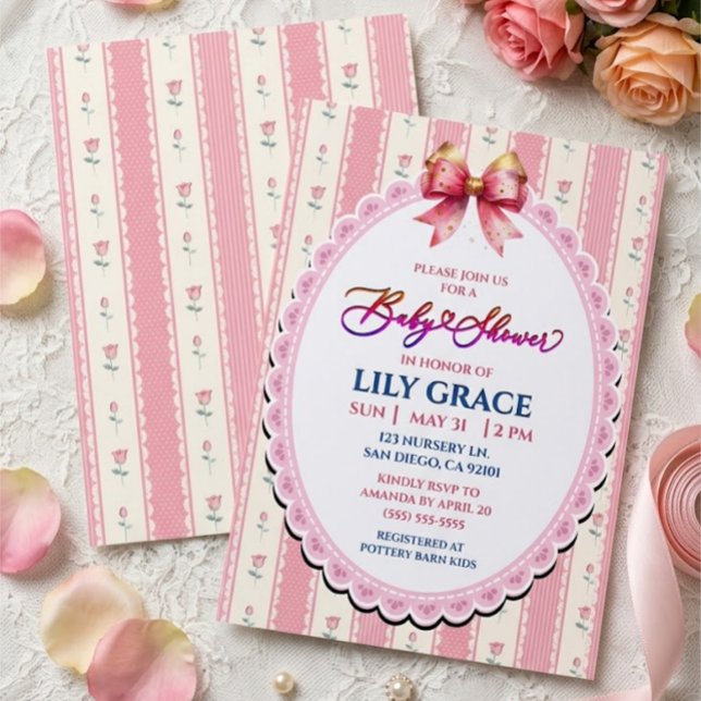 Convite Chuva de Bebê Elegante Rosa Floral Shabby Chic (Criador carregado)