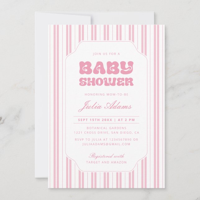 Convite Chuva de Bebê Elegante Rosa Listrada (Frente)