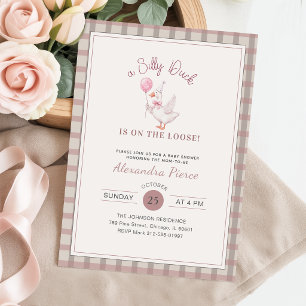 Convite Chuva de Bebê Elegante Rosa Pato Boba Xadrez
