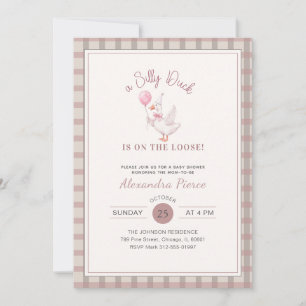 Convite Chuva de Bebê Elegante Rosa Pato Boba Xadrez