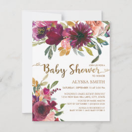 Convite Chuva de Bebê Elegante Roxo Rosa Dourado Floral Sc