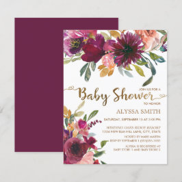 Convite Chuva de Bebê Elegante Roxo Rosa Dourado Floral Sc