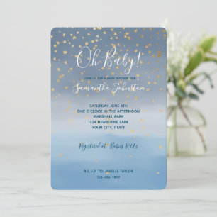 Convite Chuva de Bebê em Aquarela Azul Marinho Estrelas Do
