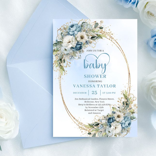 Convite Chuva de Bebê em Aquarela Boho Azul Eucalipto (Watercolor Dusty Blue Eucalyptus Baby Shower Invite....)
