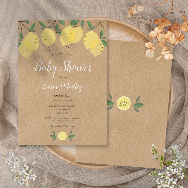 Convite Chuva de Bebê em Aquarela com Folhagem e Flor de L (Lemon Blossom Greenery Watercolour Baby Shower Invitation)