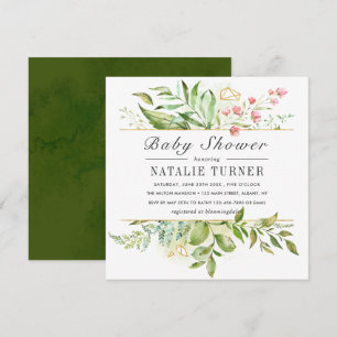 Convite Chuva de Bebê em Aquarela com Folhagem Verde Flora