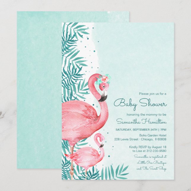Convite Chuva de Bebê em Aquarela com Folhas de Flamingo e (Frente/Verso)