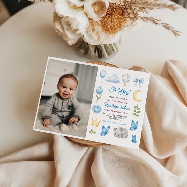 Convite Chuva de Bebê em Aquarela de Elefante de Menino Fo (Cute Boy’s Elephant Watercolor Baby Shower Invitation
)