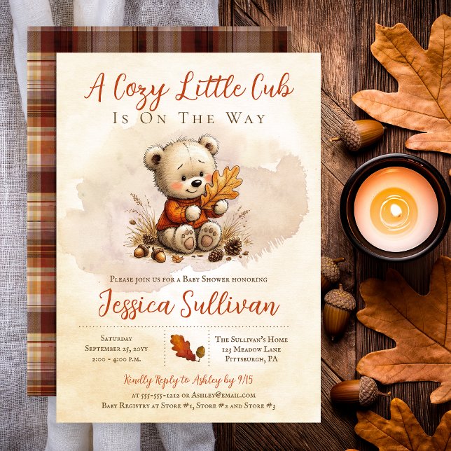 Convite Chuva de Bebê em Aquarela do Ursinho Teddy Cub Aco (Cozy teddy bear fall baby shower invitation with autumn plaid back)