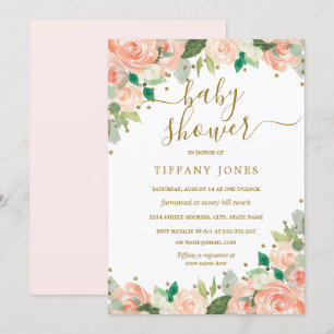 Convite Chuva de Bebê em Aquarela Floral Rosa Dourado