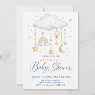 Convite Chuva de Bebê em Aquarela Lua e Nuvem