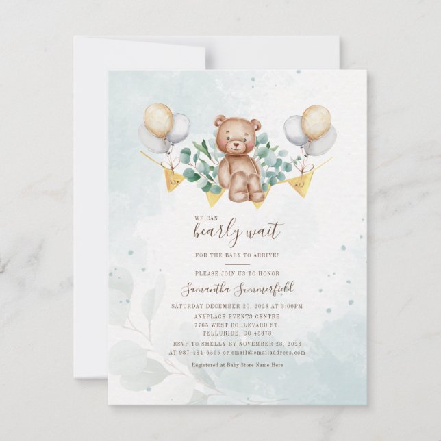 Convite Chuva de Bebê em Aquarela Urso com Folhas de Eucal (Frente)