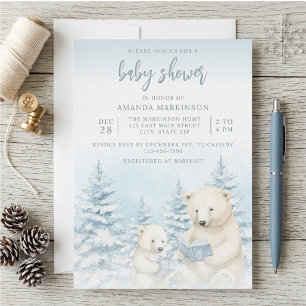 Convite Chuva de Bebê em Aquarela Urso Polar Azul de Inver