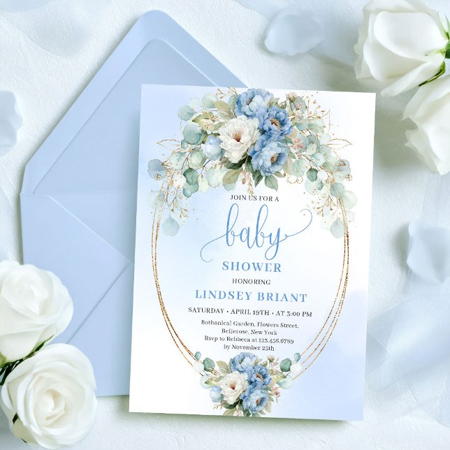 Convite Chuva de Bebê em Azul Claro com Peônias e Verde Do (Soft Light Blue Peonies Greenery Baby Shower Invitation)