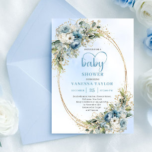 Convite Chuva de Bebê em Azul Desbotado Floral Dourado