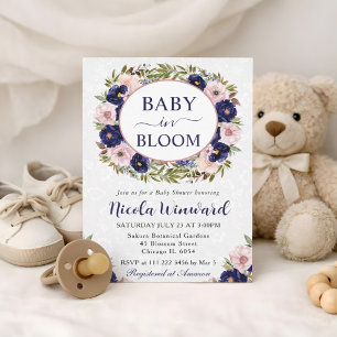 Convite Chuva de Bebê em Azul e Creme com Grinalda de Aqua
