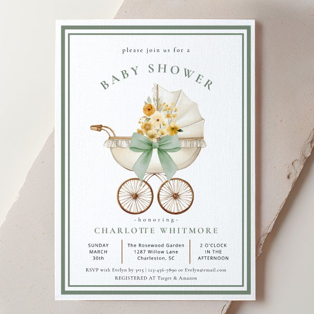 Convite Chuva de Bebê em Carrinho de Bebê Antigo Verde Sag (Baby Shower invite - Sage Green)