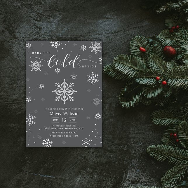 Convite Chuva de Bebê em Cinza Escuro Prateado de Inverno  (Silver Dark Grey Winter Snowflake Baby Shower Invitation)