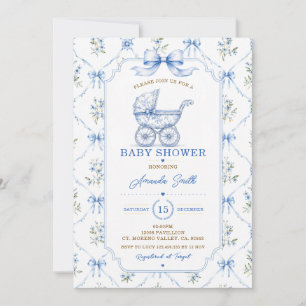 Convite Chuva de Bebê em Toile Azul Chinoiserie com Carrua