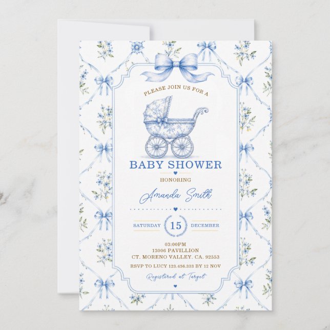 Convite Chuva de Bebê em Toile Azul Chinoiserie com Carrua (Frente)