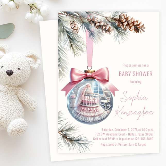 Convite Chuva de Bebê Enfeite Rosa (Tree ornament baby shower invitation with glass ornament with baby girl pink nursery scene inside.)
