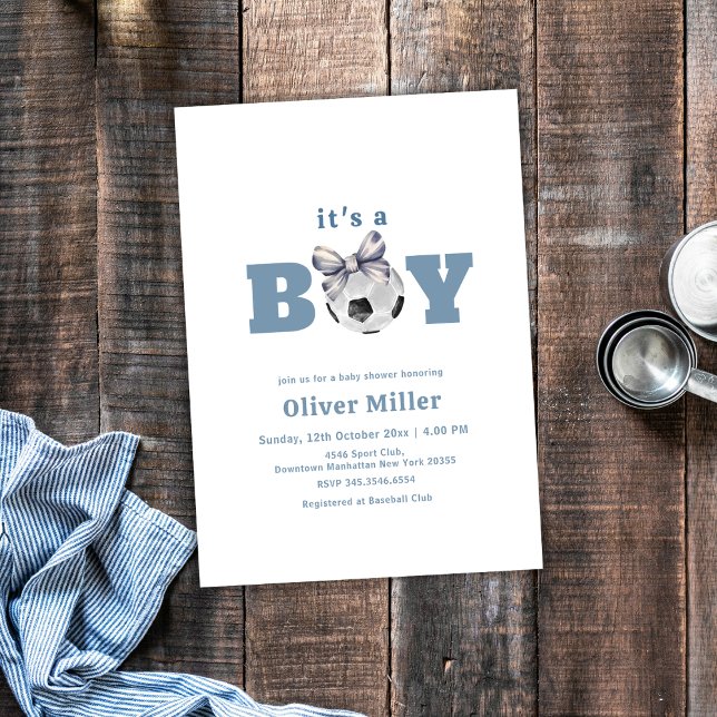 Convite Chuva de Bebê Esporte Futebol Arco Azul Marinho (Navy Blue Bow Soccer Sport Baby Shower Invitation)