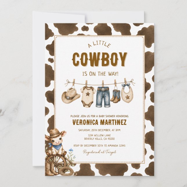 Convite Chuva de Bebê Estampa de Vaca Marrom Rústica (Frente)