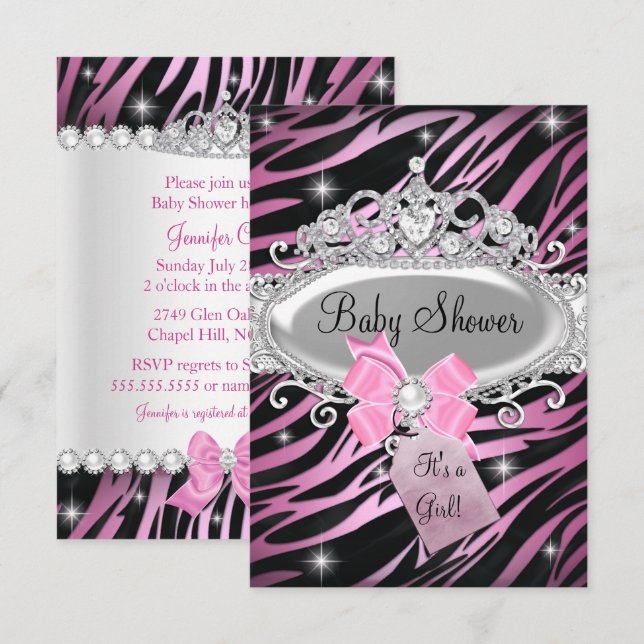 Convite Chuva de Bebê Estampa de Zebra Rosa e Tiara de Pri (Frente/Verso)