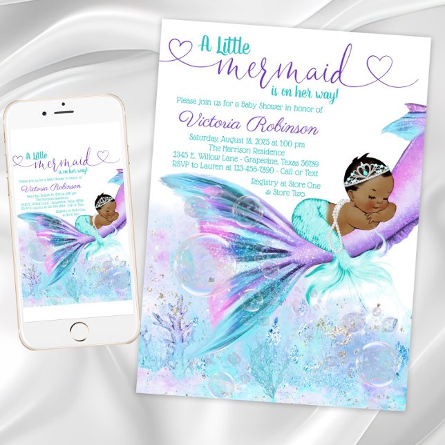 Convite Chuva de Bebê Etíope Americana Sereia (African American Mermaid Baby Shower Invitation. Instant download and printed invitations available.)