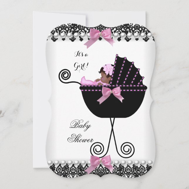 Convite Chuva de Bebê Étnica Bebê Menina Rosa Preto Branco (Frente)