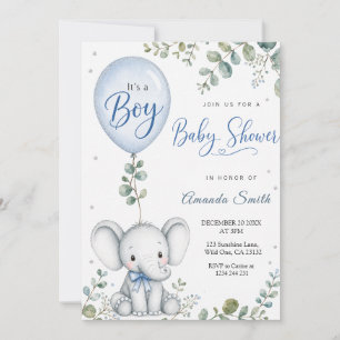 Convite Chuva de Bebê Eucalipto Aquarela Elefante Azul