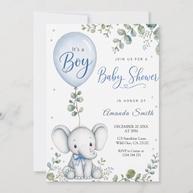 Convite Chuva de Bebê Eucalipto Aquarela Elefante Azul (Frente)