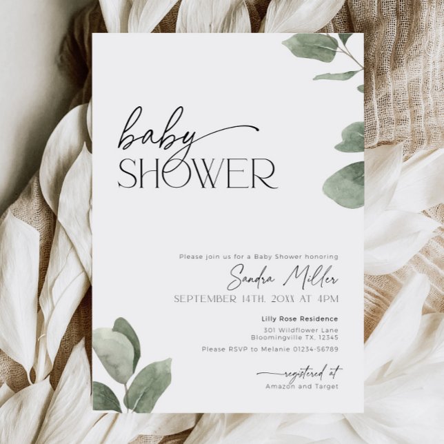 Convite Chuva de Bebê Eucalipto Verde Folhagem Foto Sage (Eucalyptus Greenery invitation for baby shower)
