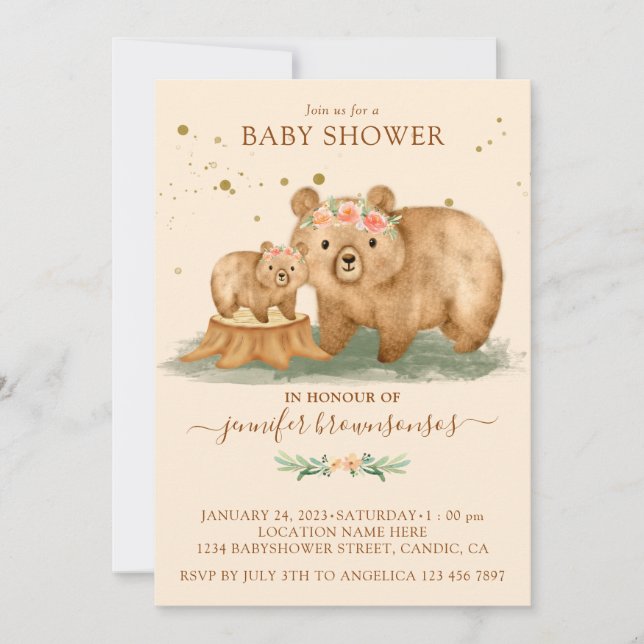Convite Chuva de Bebê Família Urso Creme Rosa (Frente)