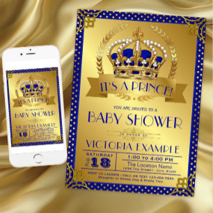 Convite Chuva de Bebê Fancy Royal Blue Gold Príncipe
