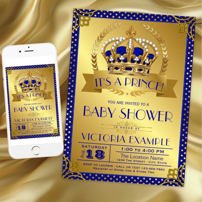 Convite Chuva de Bebê Fancy Royal Blue Gold Príncipe (Fancy Royal Blue Gold Prince Baby Shower Invitation. Download and printed invitations available.)