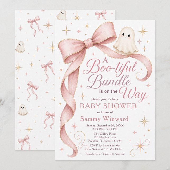 Convite Chuva de Bebê Fantasma com Laço Rosa (Frente/Verso)