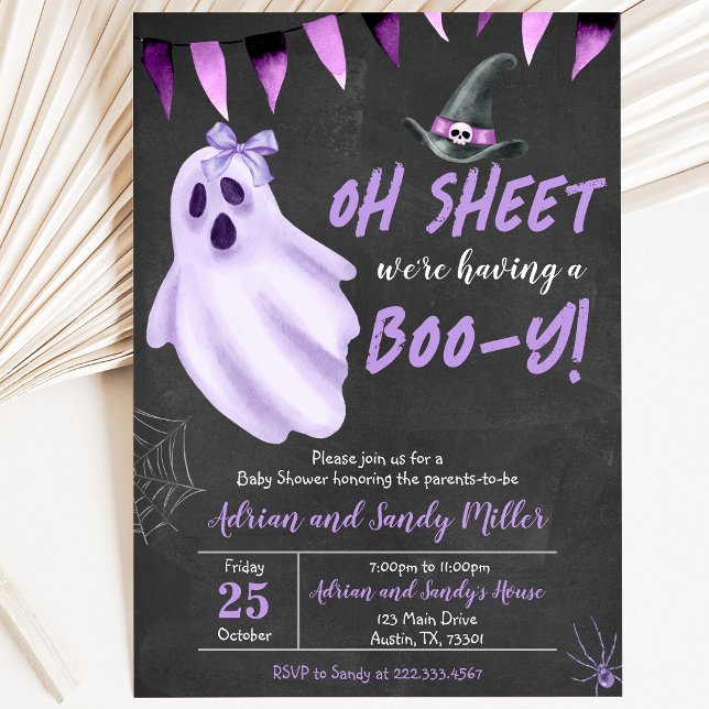 Convite Chuva de Bebê Fantasma Oh Folha Roxa de Halloween (Criador carregado)