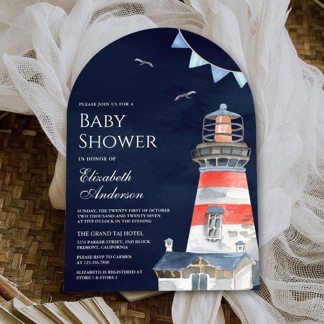 Convite Chuva de Bebê Farol Aquarela Marinha Naval (Criador carregado)