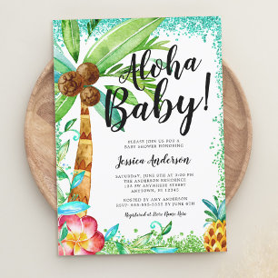Convite Chuva de Bebê Faux Glitter Aquarela Tropical Luau