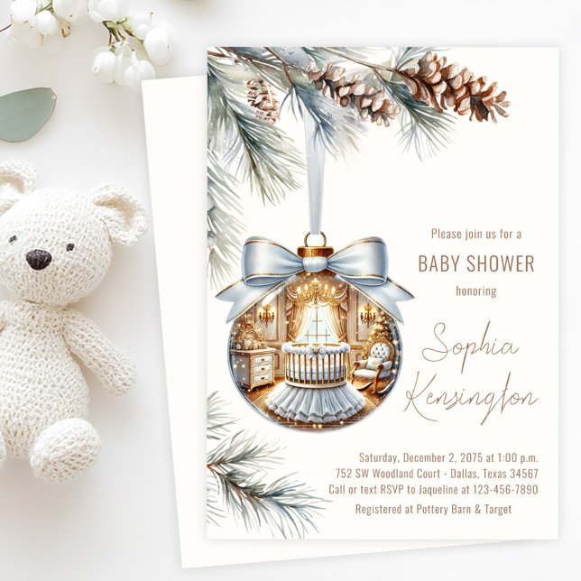 Convite Chuva de Bebê Festa de Natal Enfeite Branco Dourad (Tree ornament baby shower invitation with glass ornament with beautiful white and gold nursery scene)