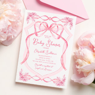 Convite Chuva de Bebê Fita Rosa em Aquarela Delicada