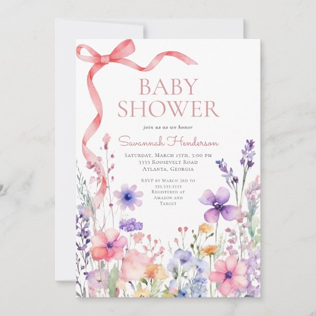 Convite Chuva de Bebê Fita Rosa Flor Silvestre (Frente)
