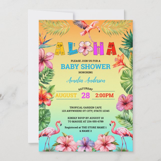 Convite Chuva de Bebê Flamingo Floral Tropical Havaí Aloha (Frente)