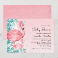 Chuva de Bebê Flamingo & Folhas Tropicais em Aquar