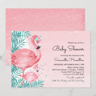 Convite Chuva de Bebê Flamingo & Folhas Tropicais em Aquar