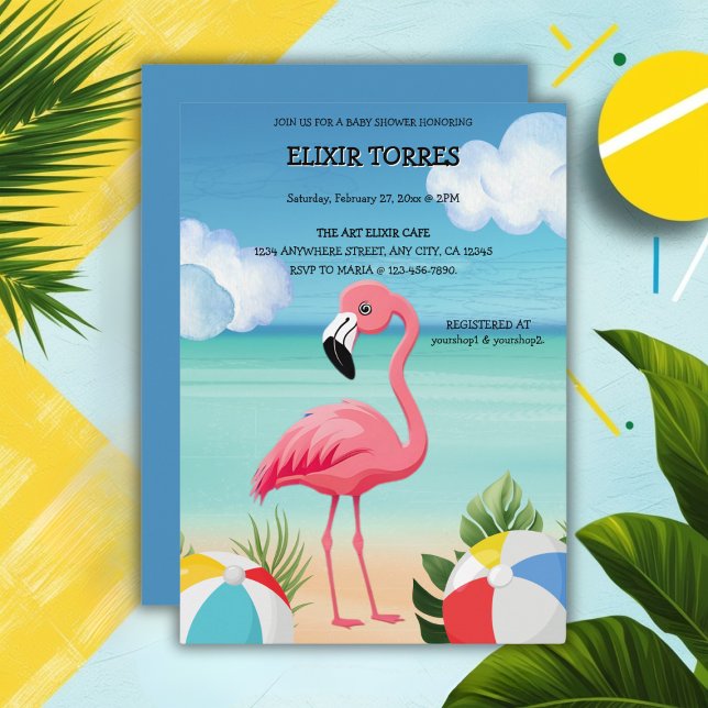 Convite Chuva de Bebê Flamingo Rosa de Praia de Verão (Criador carregado)
